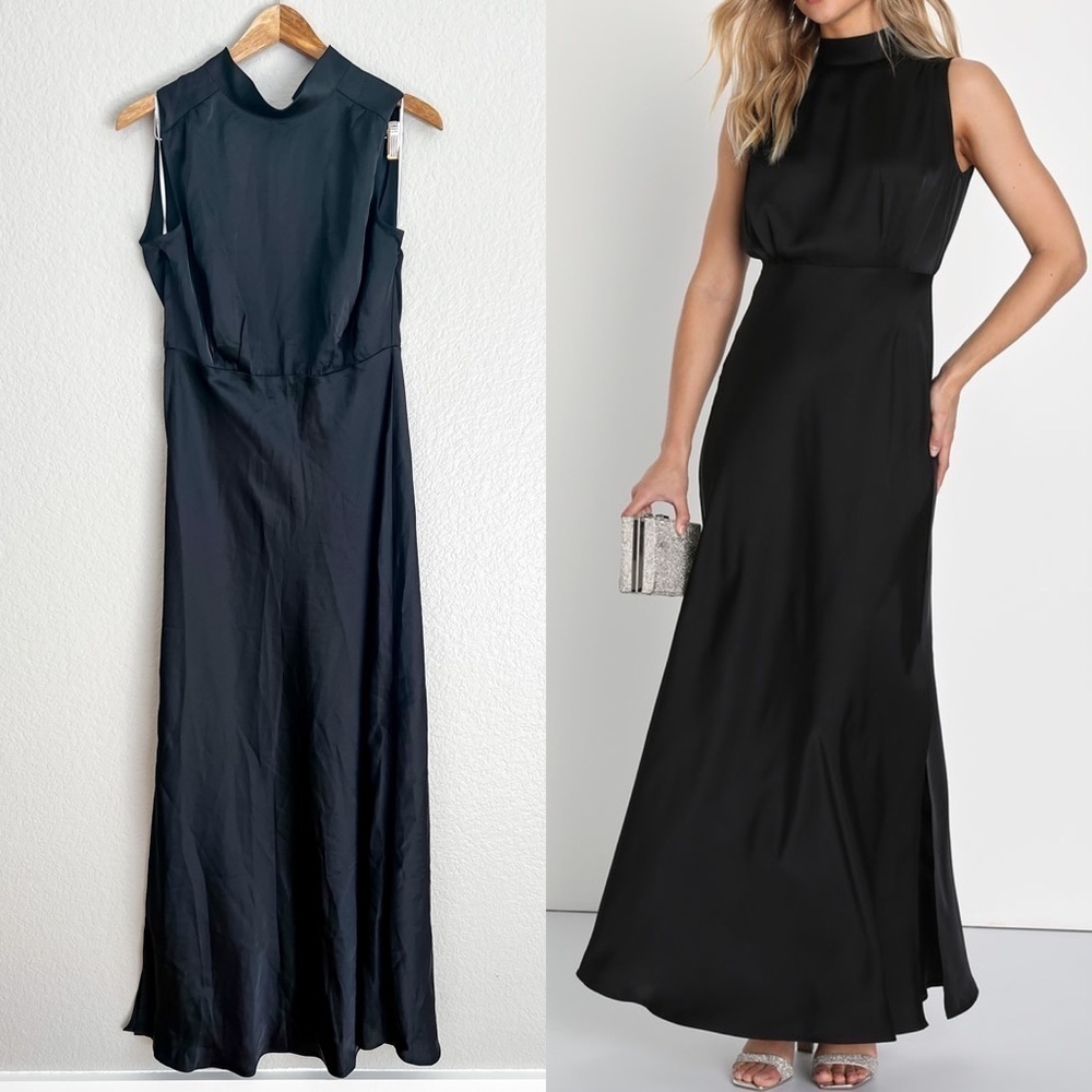 Classic Elegance Black Satin Sleeveless Mock Neck Maxi Dress L